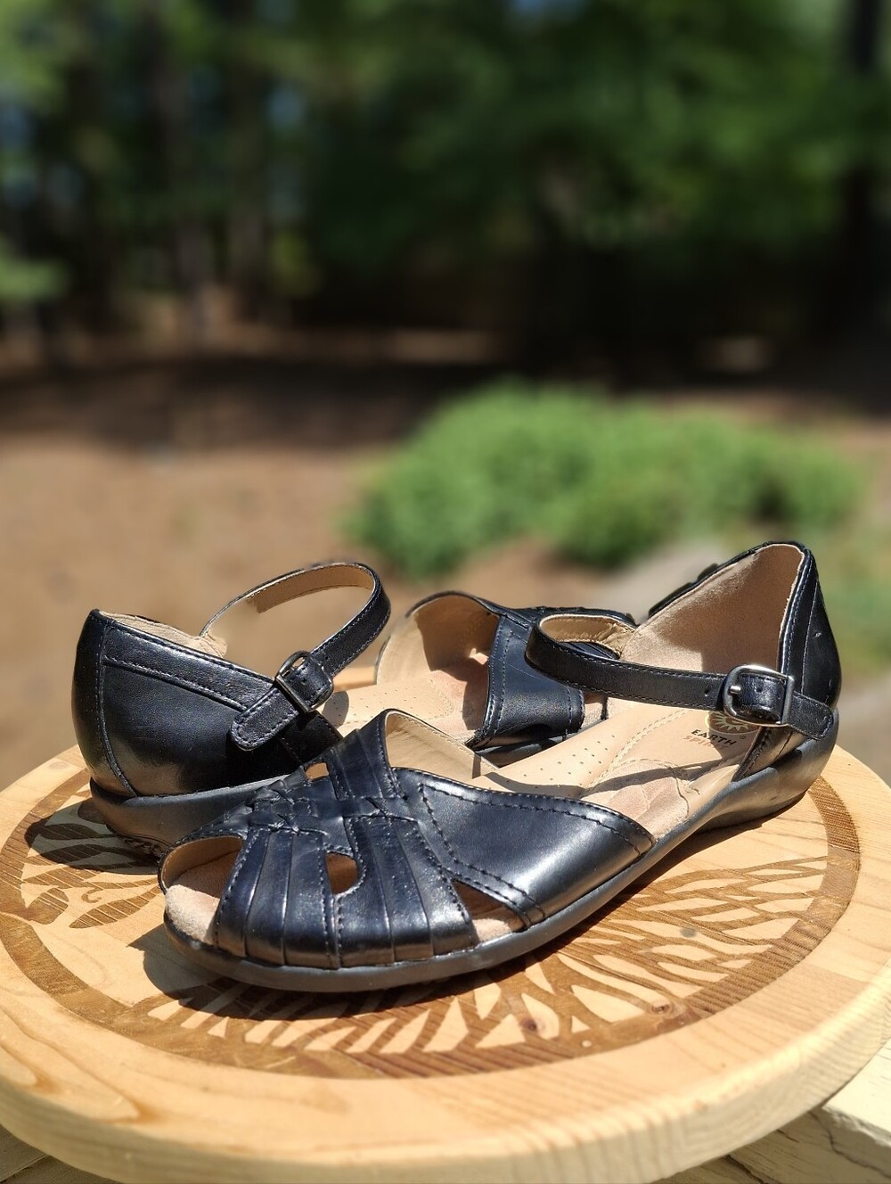 Earth Spirit Elena Black Woven Leather Peep Toe Cushion Footbed Sandals Size 10